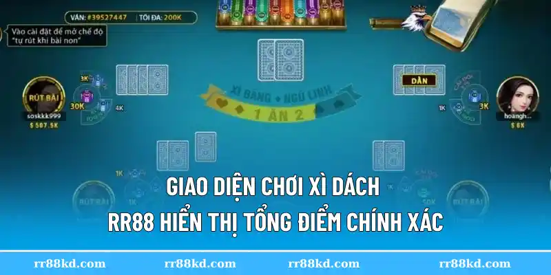 Giao diện chơi xì dách RR88 hiển thị tổng điểm chính xác