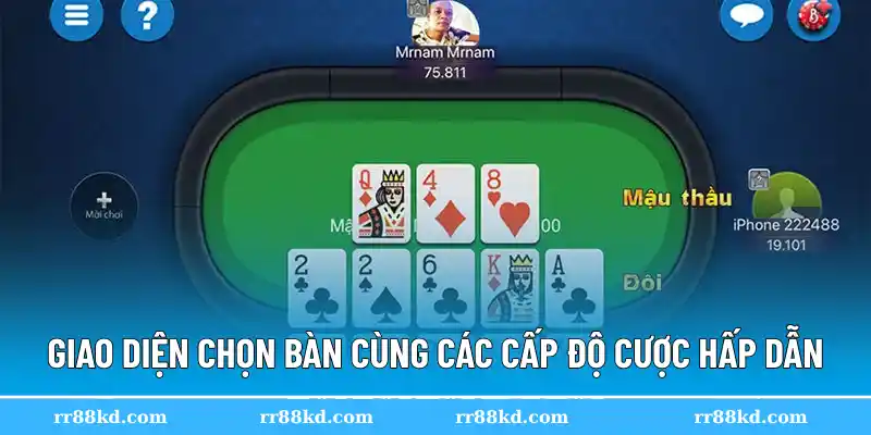 Giao diện chọn bàn cùng các cấp độ cược hấp dẫn